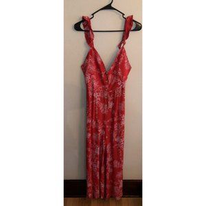 free people jumpsuit romper ruffle floral red button front size 4 Boho Coastal